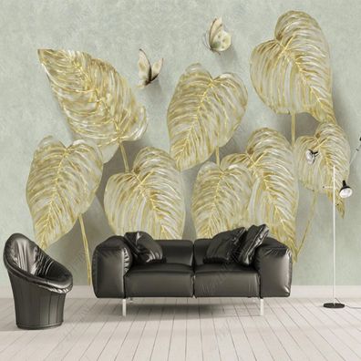 Blätter & Schmetterlinge - Elegante 3D-Wandtapete in Gold & Beige | Luxus 10991