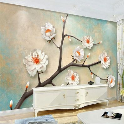 Fototapete Weiße Blütenzweige auf Türkis-Beige - Elegante Blumen Wandtapete 5089