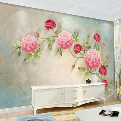 Fototapete Rosa Rosenblüten auf Türkis-Beige - Elegante Blumen Wandtapete 5090