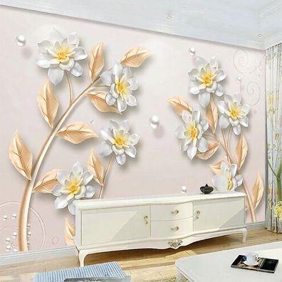 Fototapete Weiße Blumen mit goldenen Blättern und Perlen Elegante 3D Blumen 5091