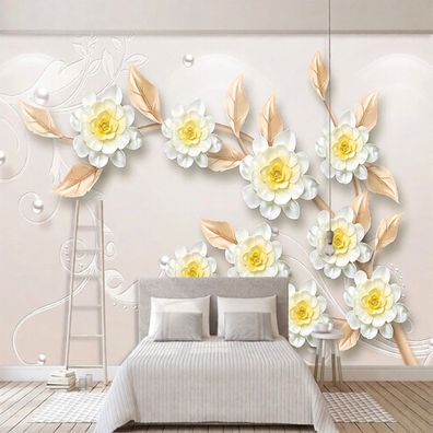 Fototapete Weiße Blumen mit goldenen Blättern Elegante 3D Blumen Wandtapete 5092