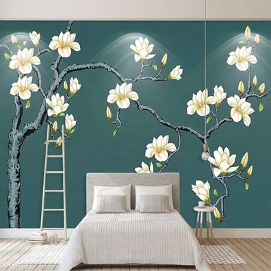 Fototapete Weiße Magnolienblüten auf Dunkelgrün - Elegante Blumen Wandtapet 5093
