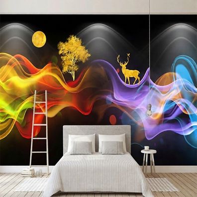 Fototapete Abstrakte Farb-Wellen mit Mond und Hirsch - Moderne 3D-Wandtapet 5095
