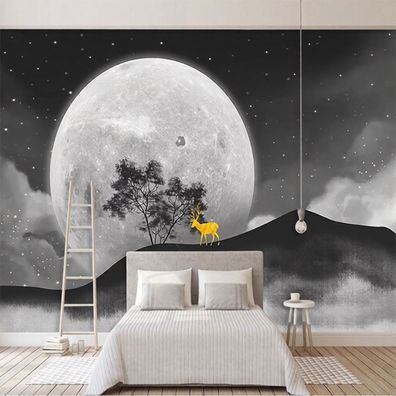 Fototapete Vollmond mit Sternenhimmel, Bergen & goldenem Hirsch - Mystische 5096