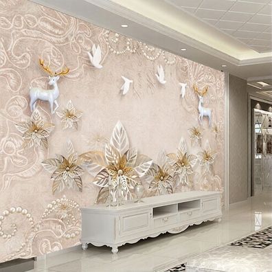 Fototapete Eleganter Hirsch mit goldenen Geweihen & Blumen - Edle Beige 5098