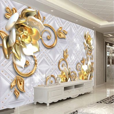 Fototapete 3D Goldene Blumen & Ornamente auf Weiß - Luxus Wandtapete 5099