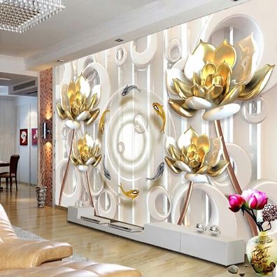 Fototapete 3D Goldene Lotusblumen mit Fischen auf Weiß Luxuriöse Wandtapete 5100