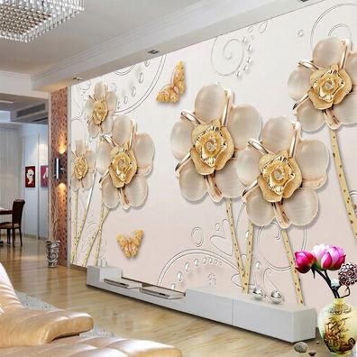 Fototapete 3D Elegante Blumen mit goldenen Akzenten & Schmetterlingen 5101