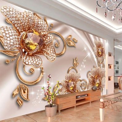 3D Fototapete Blumen mit Edelstein-Optik & Gold - Luxuriöse Wandtapete 5102