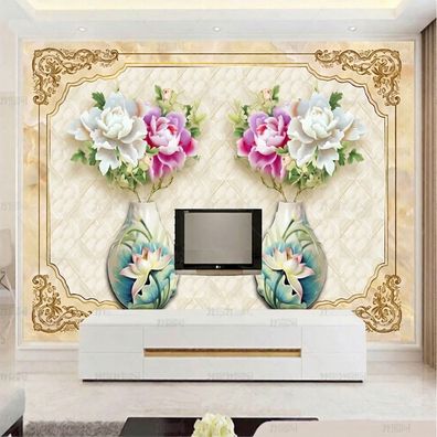 3D Fototapete Blumen & Vasen mit Goldrahmen - Elegante Luxus-Wandtapete 5106