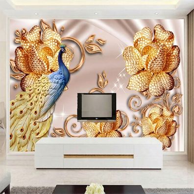 3D Fototapete Pfau & Blumen in Goldoptik - Exklusive Luxus-Wandtapete 5107