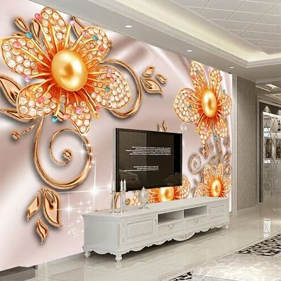 3D Fototapete Luxus-Blumen mit Perlen & Gold - Elegante florale Wandtapete 5108