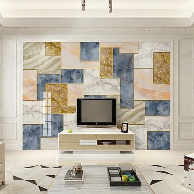 Moderne Luxus-Wandtapete in Blau Weiß Beige & Gold für Wohnzimmer Marmor 5109