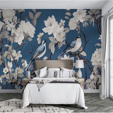 3D Fototapete Vögel & Blüten auf Blau Elegante asiatische Blumen-Wandtapete 5114