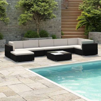 vidaXL 8-tlg. Garten-Lounge-Set mit Auflagen Poly Rattan Schwarz