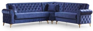 Stilvolles Ecksofa Karo-Bezug Blau Goldfarbenen Beinen Modern