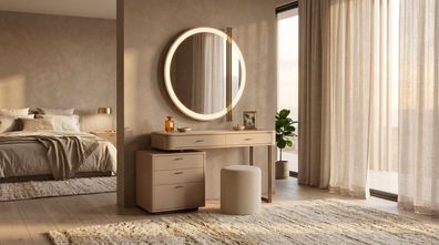 Schminktisch Set Modern Frisörkommode Kosmetiktisch Spiegel Pouf Beige