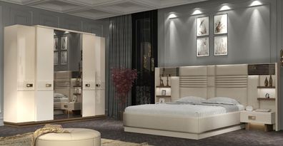 Modernes cremefarbenes Schlafzimmer-Set mit Stoffdesign und Beleuchtung