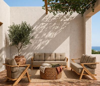 Gartenlounge Set 3-Sitzer Sofa Sessel Beige Kissen Modern Komfort Neu