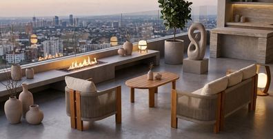 Gartenlounge Set 3Sitzer sofa Sessel Beige Kissen Couchtisch Holz Neu