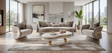 Exklusive Wohnzimmer Garnitur Creme Sofa Sessel Couchtisch
