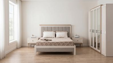 Elegantes Bett Kleiderschrank 5-turiger Schminktisch Creme Set