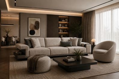 Elegante Polstergarnitur Stilvoller Dreisitzer Stoffsessel Textilhocker