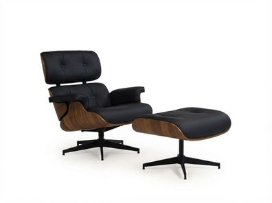 Schwarzes Relaxsessel-Set mit Hocker und Holzfurnier (BD)