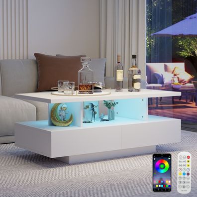 Couchtisch Wohnzimmertisch mit LED Beleuchtung 2 Schubladen offenen Regalen