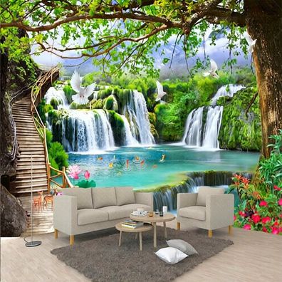 3D Fototapete Wasserfall Natur - Tropischer Wasserfall mit See, Blumen 5134