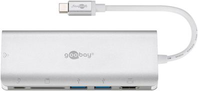 goobay USB C Multiport Adapter HDMI 4K 30 Hz USB/CR/RJ45/PD Aluminium (1er Faltschach