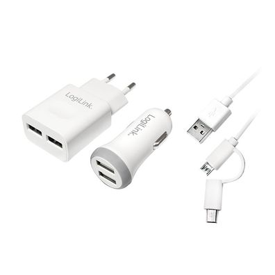 LogiLink USB Ladeset 1 x Kfz Ladeadapter & 1 x Steckdosenadapter mit je 2 x USB Ansch
