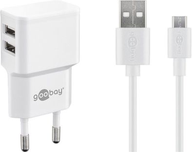 goobay Micro USB Dual Ladeset 2,4 A Netzteil mit 2 x USB Buchse und Micro USB Kabel w