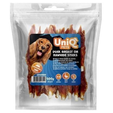 500g UNIQ PETS Entenbrustfilet auf Rinderhaut-Stick Hundesnacks