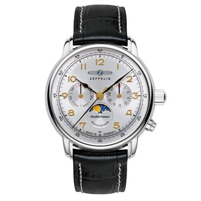 Zeppelin 9636-1 Herrenuhr Méditerranée Mondphase, Day-Date und Lederarmband