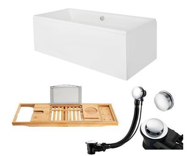 Badewanne Rechteck 190x90 QUADRO Acrylschürze Bambus Ablage Ablauf und Füße GRATIS