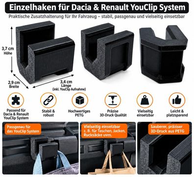 Haken passend für YouClip von Dacia Renault Zubehör Taschenhalter Aufbewahrung