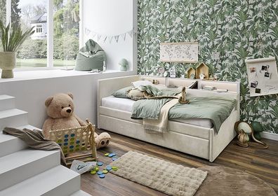 Jugendbett inkl. Schubkasten 140x200 cm Stoffbezug Wind beige Nr. 05