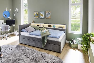 Jugendbett inkl. Schubkasten 90x200 cm Stoffbezug Wind grau Nr. 90
