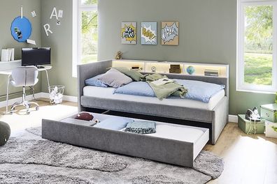Jugendbett inkl. Schubkasten 140x200 cm Stoffbezug Wind grau Nr. 90