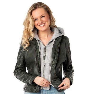 Mauritius - Damen Lederjacke Lammnappa Kapuze dark olive