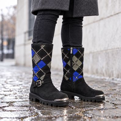 Damen Stiefel Gr. 36 Schwarz Blau Grau Patchwork Ziersteine Reißverschluss warm