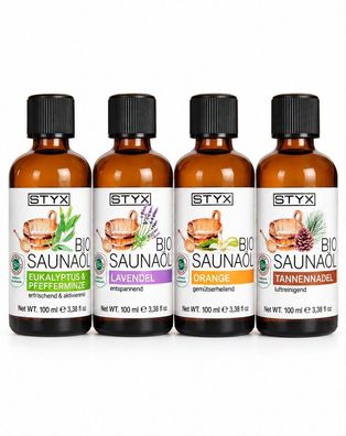 STYX BIO Saunaöl 4er Set 4x100ml Eukalyptus Minze Lavendel Orange Tannennadel