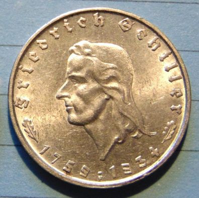 2 Reichsmark 1934 F, Friedrich Schiller