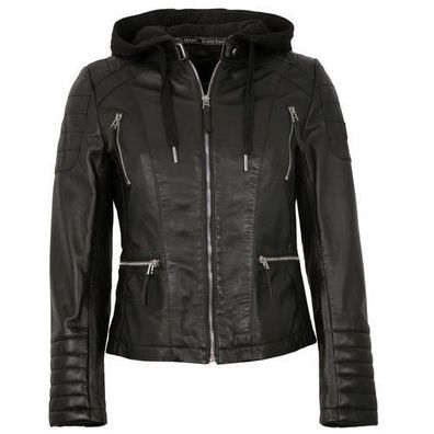 Bruno Banani - Damen Lederjacke Lammnappa Kapuze schwarz