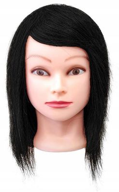 Jessica Trainingskopf 40 cm schwarz, Echthaar + Griff, Friseurkammkopf, Trainingskopf