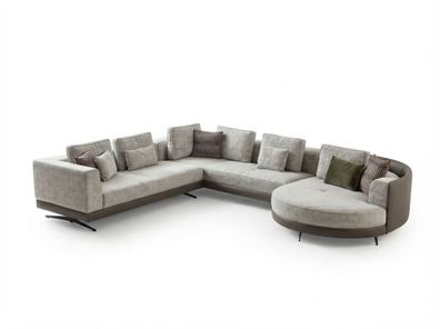 Hellgraues Ecksofa mit runder Recamiere und Stoffbezug (BD)