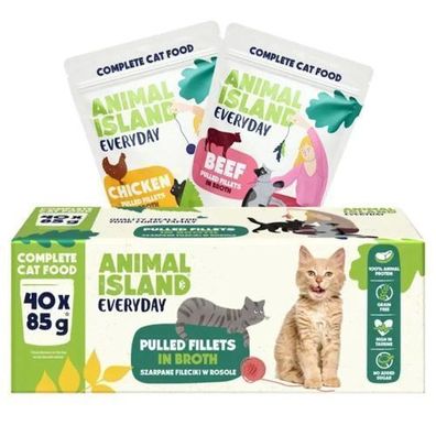 ANIMAL ISLAND Nassfutter für Katzen, Rind-/Hühnerfilet-Mix, 40 x 85 g