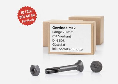 Scharschraube Vierkant / M 12 x 70 / inkl. Sechskantmutter
