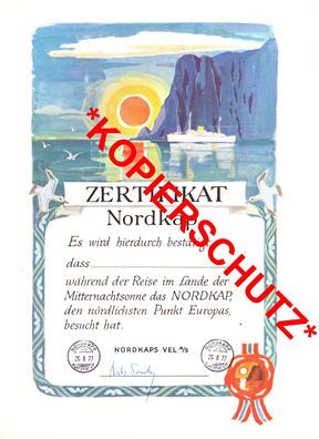 Urkunde Zertifikat Nordkap-Passierung Besuch Schiff Nordkapp 26.08.1977 "blanko"